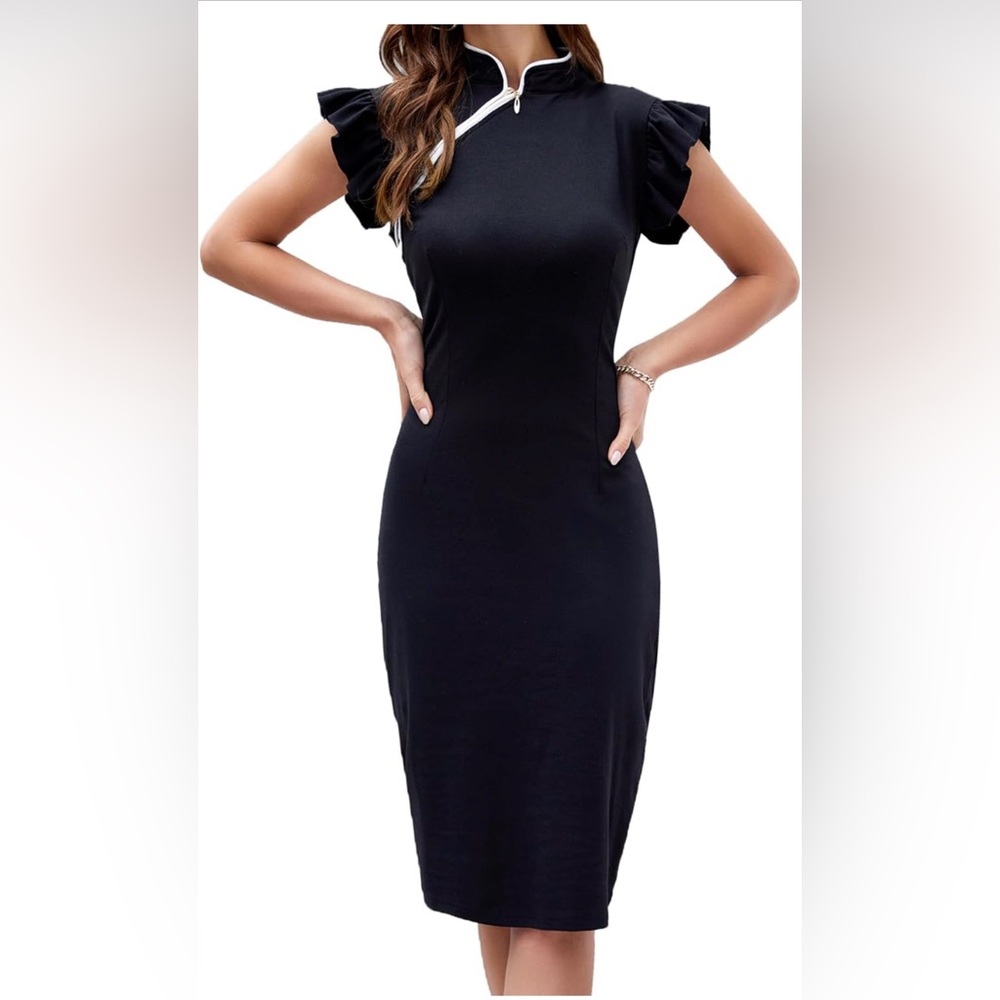 Ruffle Cap Sleeve Black Dress with Asymmetrical Zipper